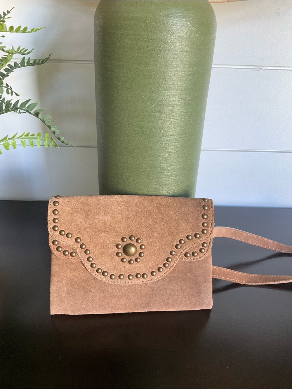 Free People Tan Suede Studded Mini Belt Bag Crossbody